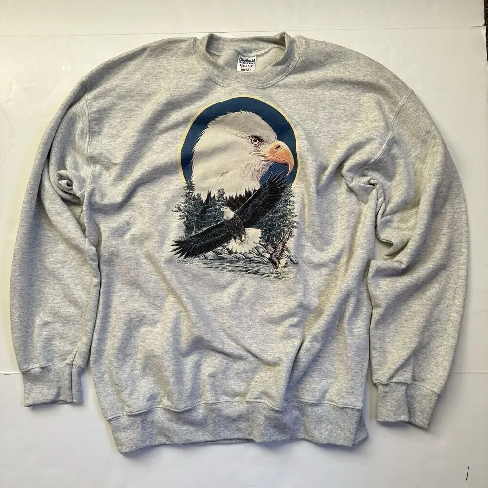 Vintage 90s Glidan Heavyweight Sweatshirt American Bald Eagle Large Grey EUC